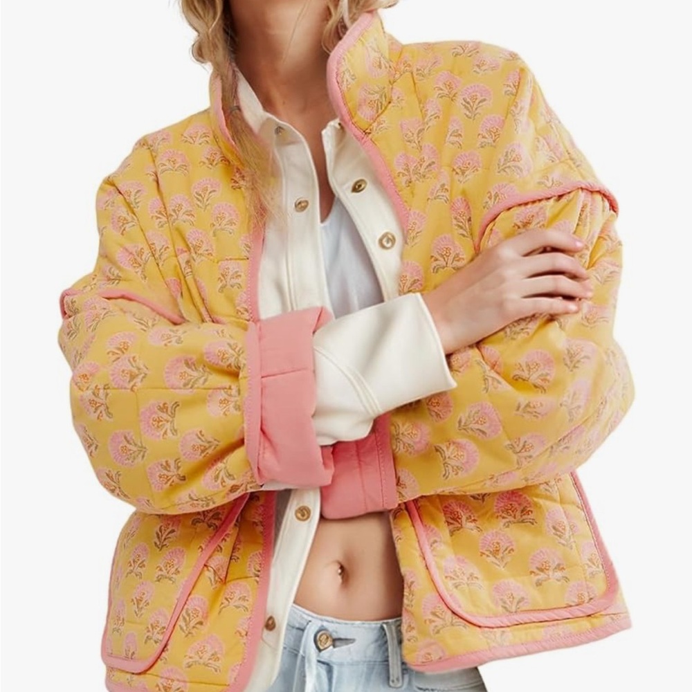 Yellow Pink Quilted Floral Puffer Jacket